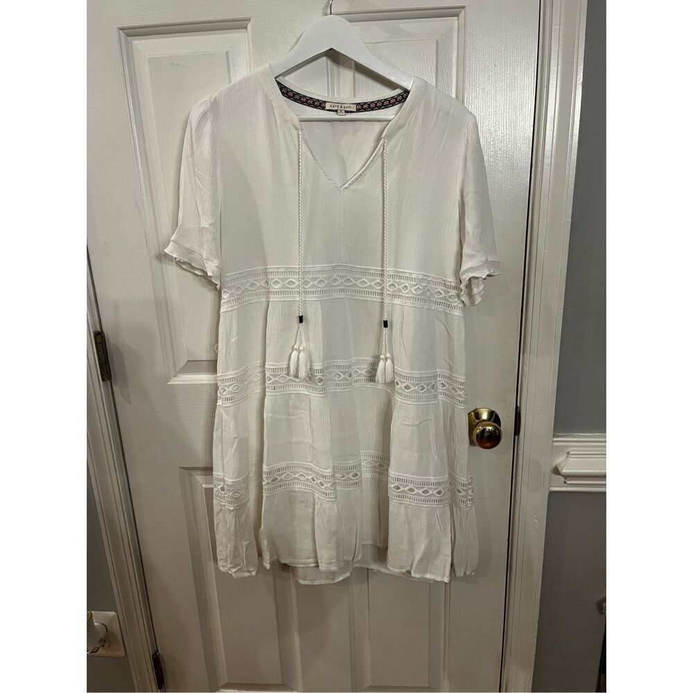 Kate & Sam White Gauzy Crochet Tassel Dress sz M NWOT